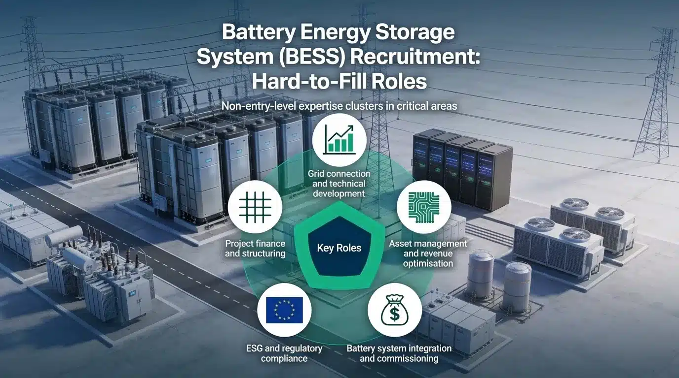 Battery Storage Recruitment infographic showing key hard-to-fill roles like grid, finance, ESG, and integration