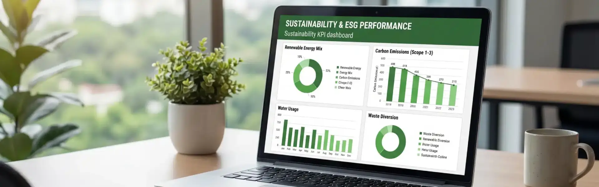 Sustainability technology ESG dashboard on laptop tracking carbon emissions, water use, and sustainability solutions KPIs.