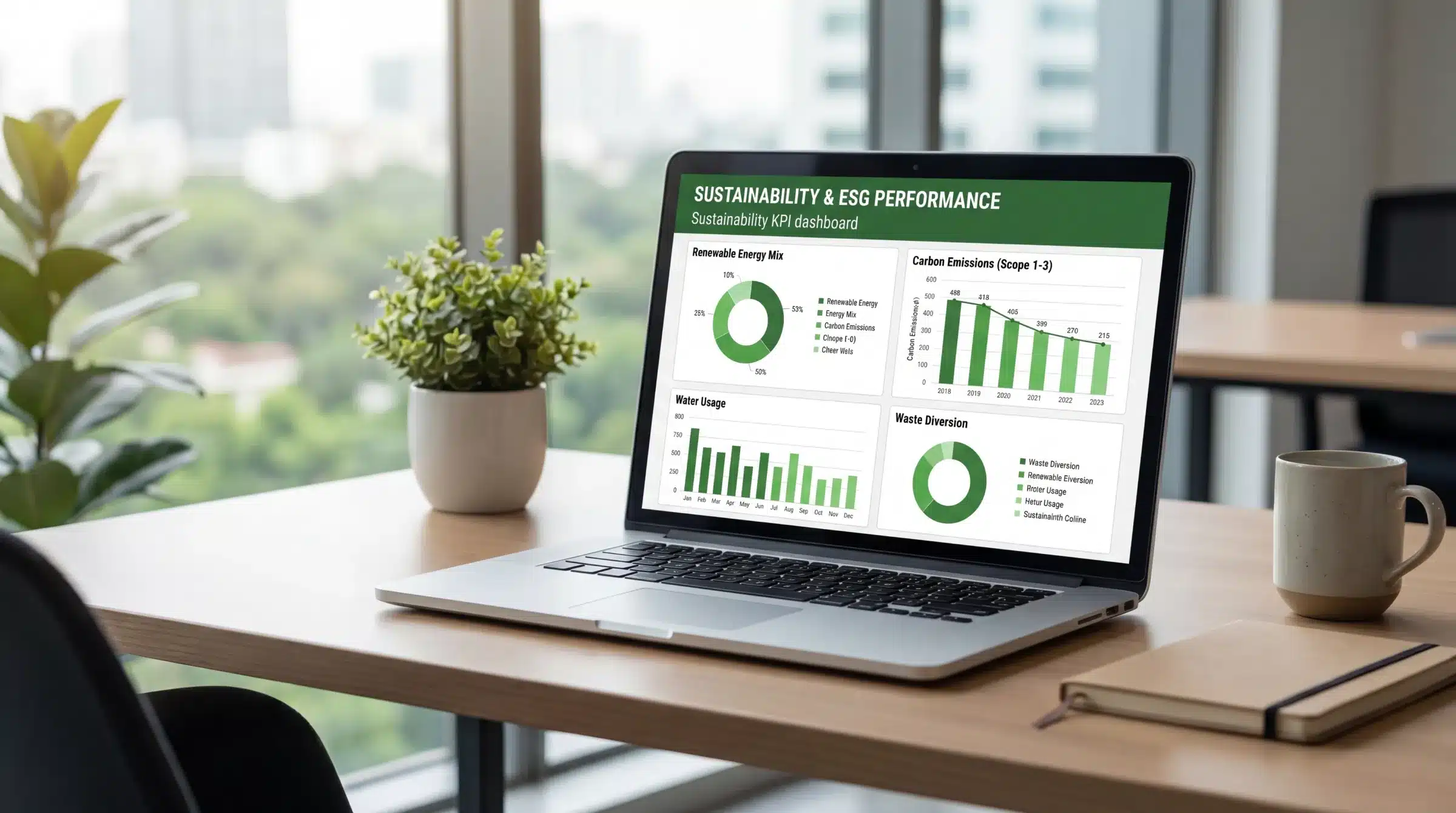 Sustainability technology ESG dashboard on laptop tracking carbon emissions, water use, and sustainability solutions KPIs.