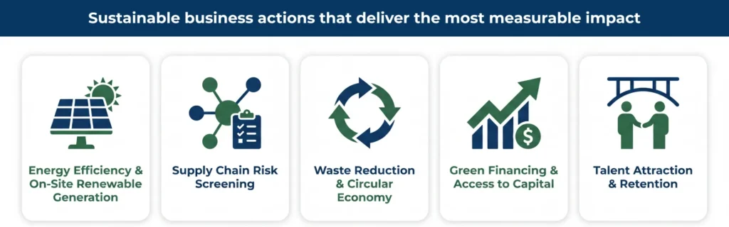 Sustainability in business infographic covering energy, supply chains, waste, green financing, and talent retention.